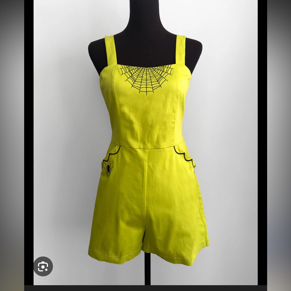 The Oblong Box Shop Glamour Ghoul Spiderweb Romper in Chartreuse Green